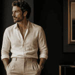 pantalon lin beige pour homme bien ajusté