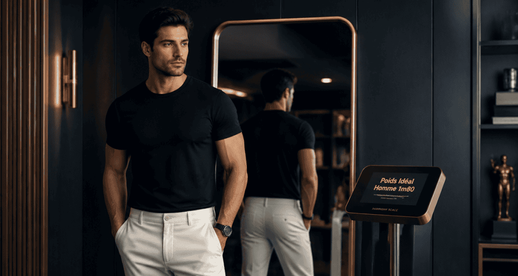 poids ideal homme 1m80 sportif debout devant miroir