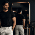 poids ideal homme 1m80 sportif debout devant miroir