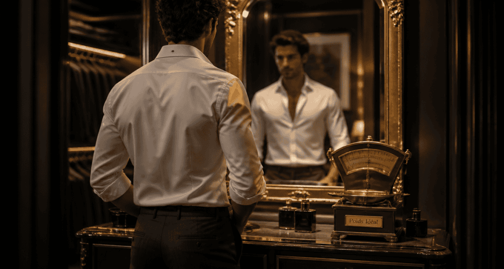 poids pour 1m75 homme, style élégant devant miroir