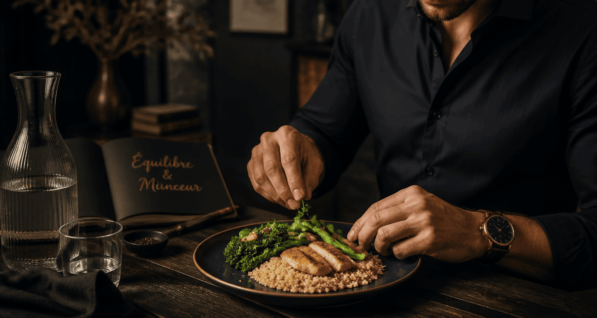 Quoi manger pour maigrir, assiette équilibrée sur table élégante