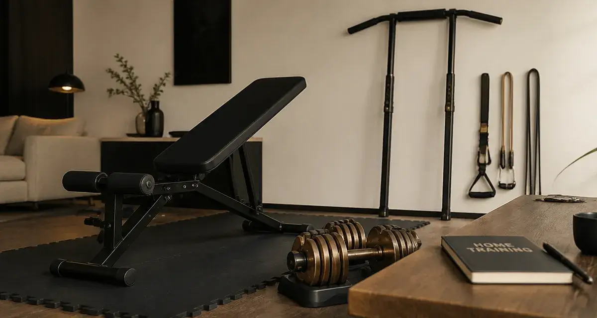 Accessoires muscu maison : home gym compact au salon avec banc pliable et haltères