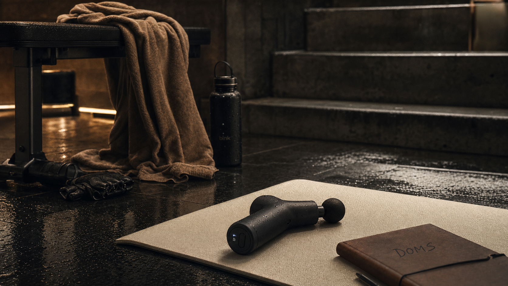 courbatures apres musculation bon signe : pistolet de massage et tapis après séance