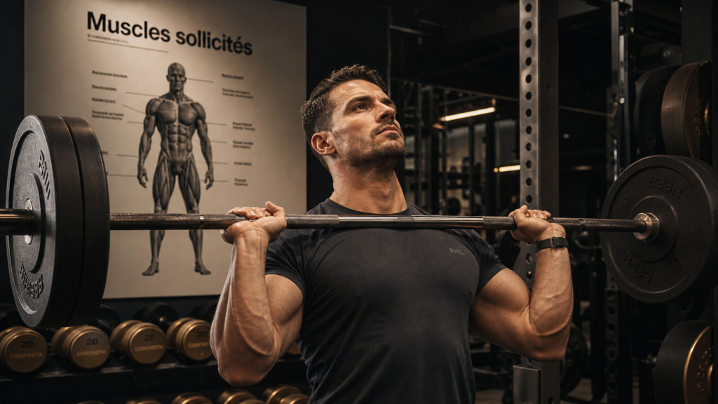 Developpe militaire muscles sollicites : athlète debout, tronc gainé, barre au-dessus des clavicules