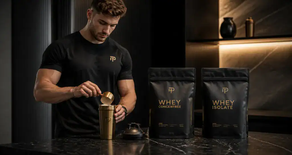 difference whey et isolate sur un comptoir avec shaker