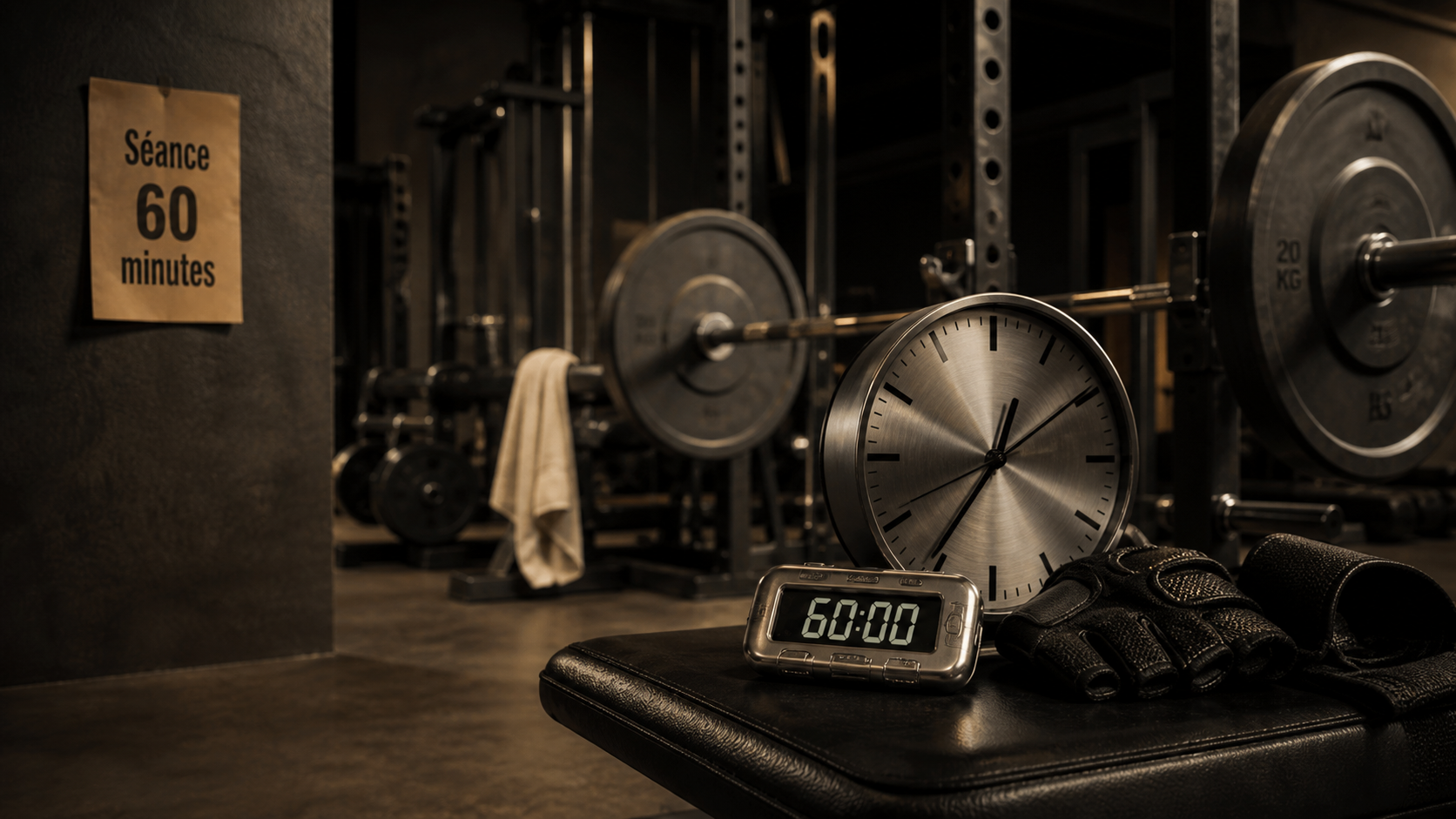 Durée séance musculation : horloge 60 minutes en salle