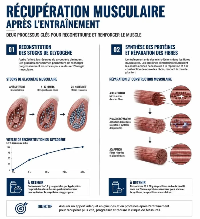 Infographie sur la nutrition et la récupération après le sport pour optimiser la progression musculaire