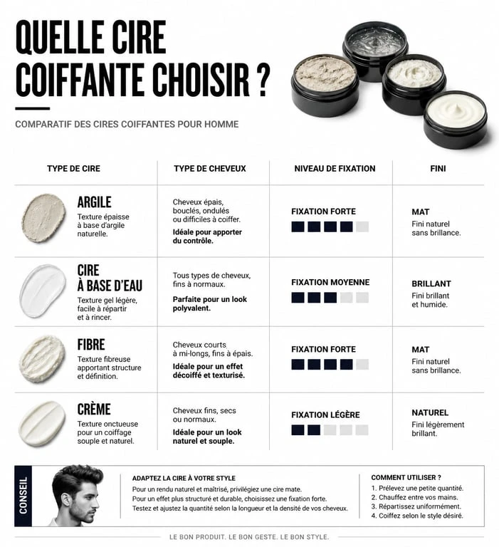 Infographie comparative des meilleures cires cheveux homme selon le type de cheveux et l'effet recherché