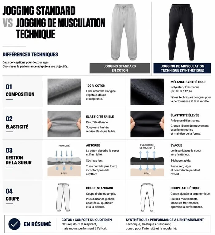 Infographie comparative des caractéristiques techniques d'un jogging de musculation par rapport à un jogging standard pour le sport.