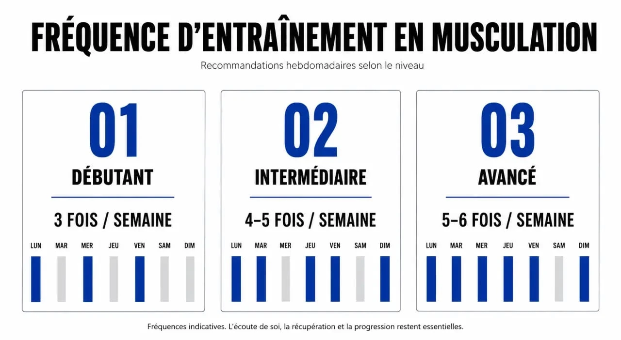 Infographie des fréquences recommandées pour la musculation tous les jours selon le niveau