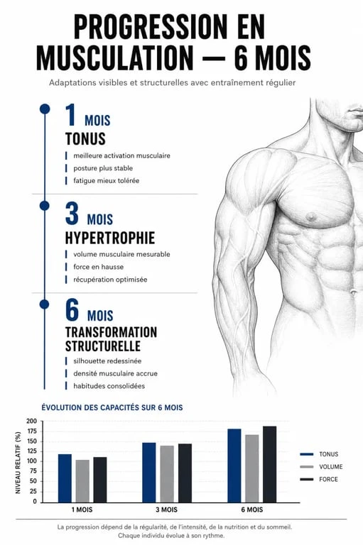 Infographie des résultats de musculation 5 fois par semaine sur 6 mois