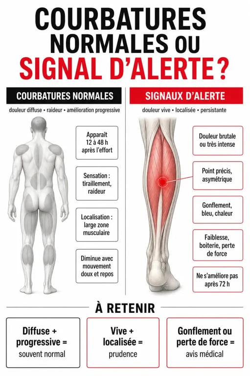 Infographie comparant les courbatures après musculation normales et les signaux d'alerte de blessure