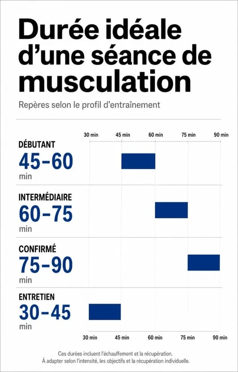 Infographie sur la durée idéale d'une séance de musculation selon le niveau et les objectifs