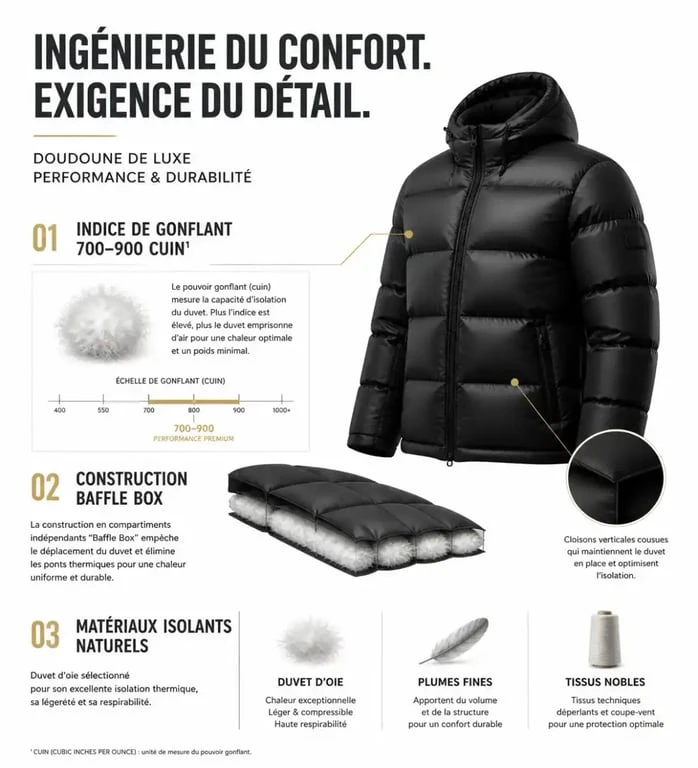 Infographie technique sur les caractéristiques d'une marque de doudoune de luxe : indice de gonflant et construction