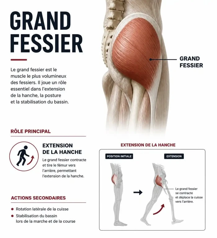 Schéma anatomique du grand fessier pour comprendre comment muscler le grand fessier efficacement