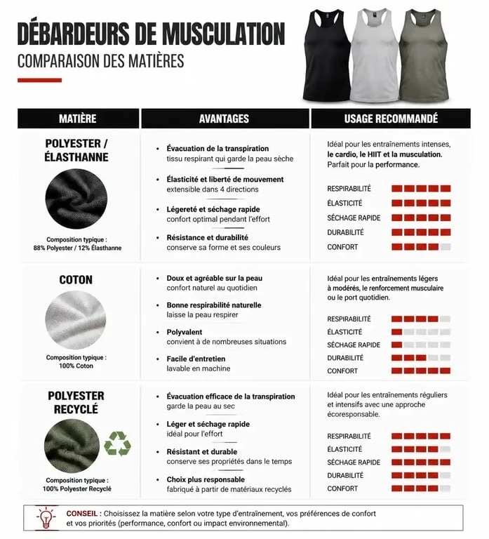 Comparatif des matières de débardeurs de musculation pour homme : polyester, coton et polyester recyclé