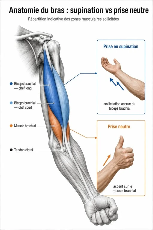 Schéma anatomique des muscles du bras pour l'exercice bicep avec haltère