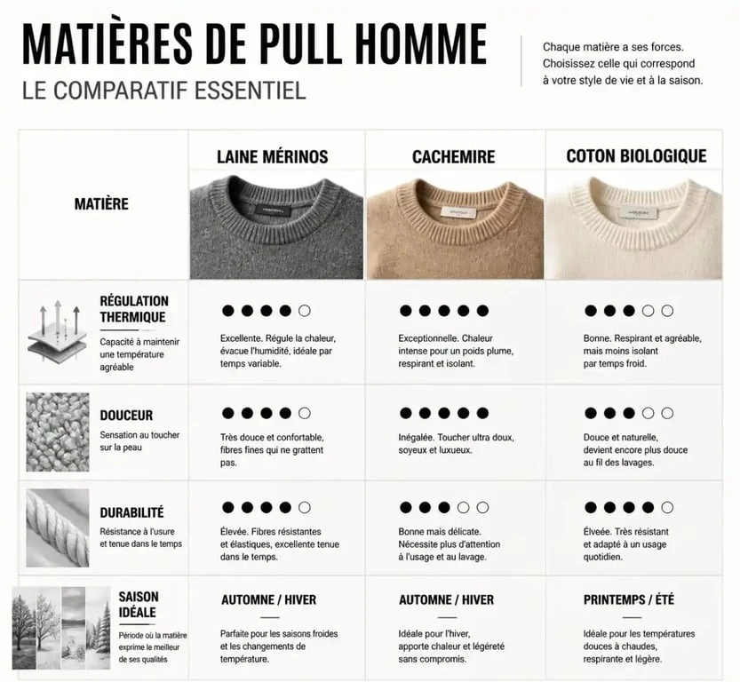 Infographie comparative des matières de pulls pour homme : laine mérinos, cachemire et coton bio pour choisir les plus beaux pulls hommes
