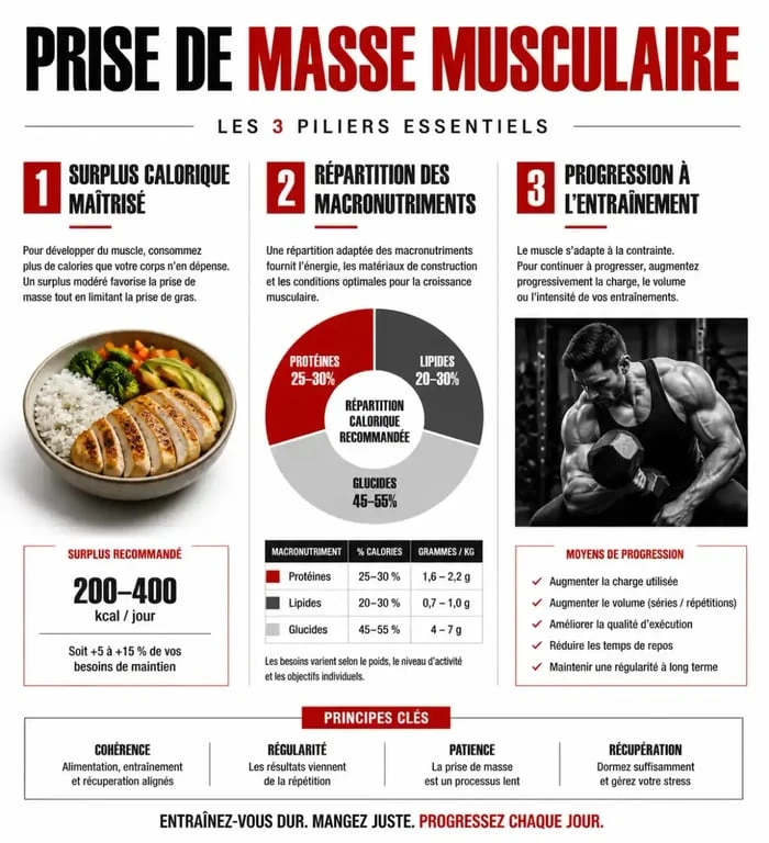 Infographie sur les principes de la prise de masse musculaire et la répartition des macronutriments