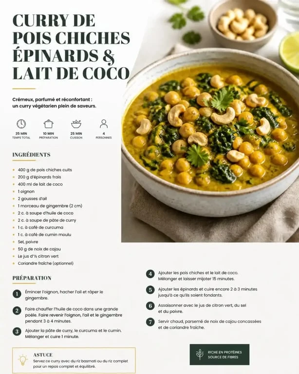 Curry de pois chiches et épinards, un repas riche en protéine végétal