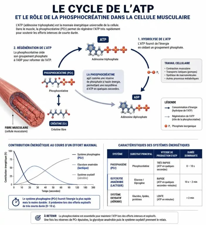 Schéma explicatif du mécanisme d'action de la créatine pour la prise de masse musculaire