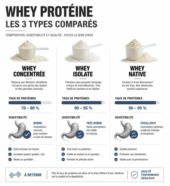 Comparatif des types de whey : concentrée, isolate et native pour choisir sa protéine