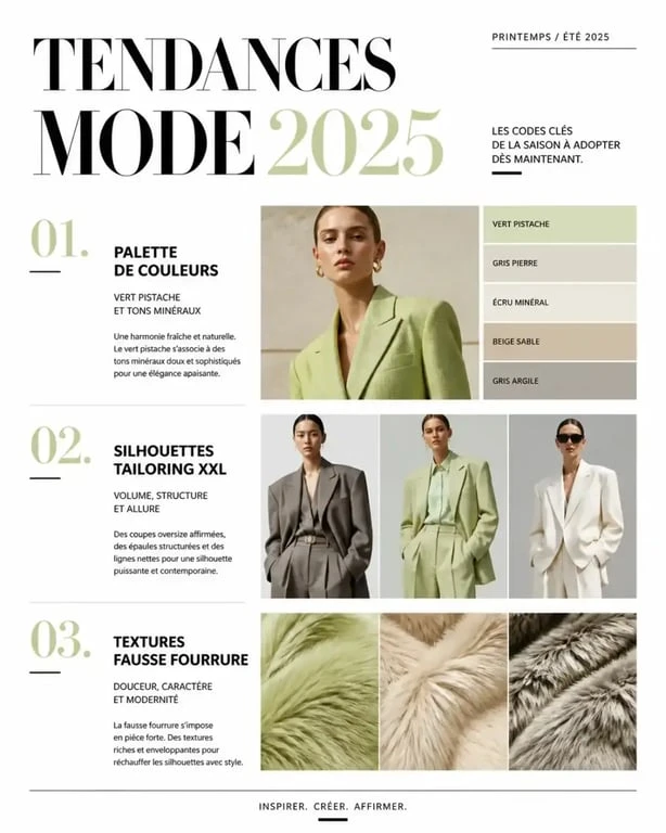 Synthèse visuelle des tendances mode 2025 : couleurs, matières et silhouettes incontournables pour l'année.