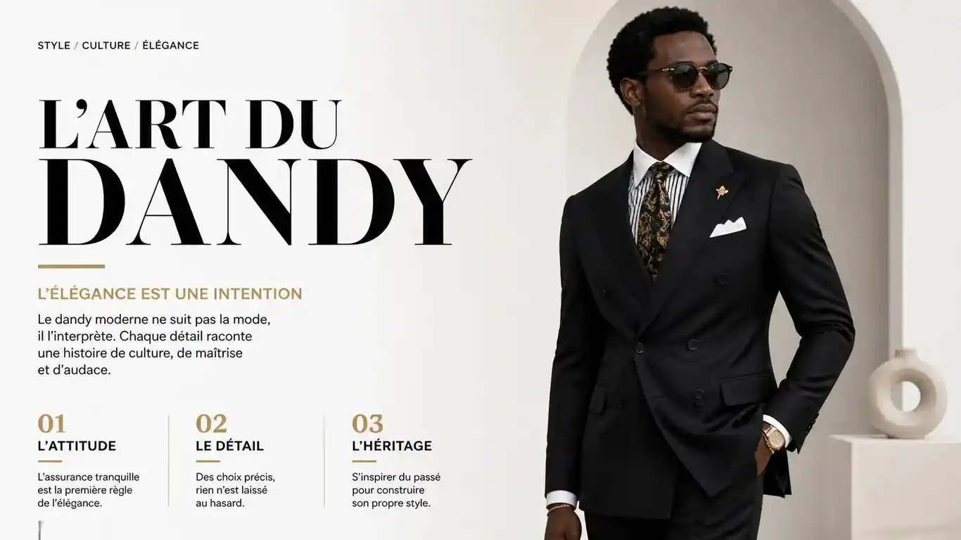 Un dandy noir moderne portant un costume sur mesure élégant, illustrant le concept de dandysme noir.