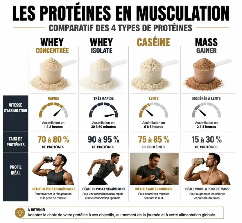 Comparatif des meilleures protéines pour la prise de masse musculaire : Whey, Isolate, Caséine et Gainer