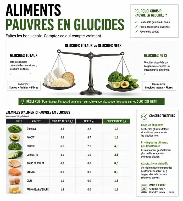 Infographie explicative sur les aliments pauvres en glucides et le calcul des glucides nets pour le suivi nutritionnel
