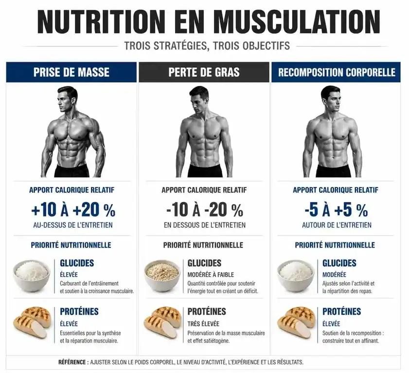 Tableau comparatif des stratégies nutritionnelles pour 1 an de musculation : prise de masse, perte de gras et recomposition corporelle