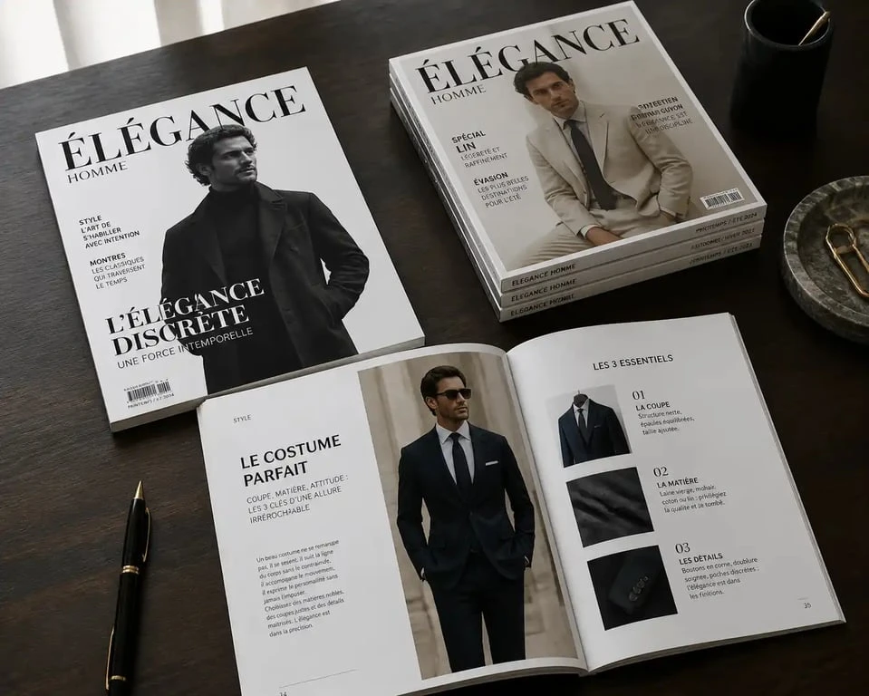 Sélection de magazines de mode pour homme sur un bureau, inspiration pour le style masculin.