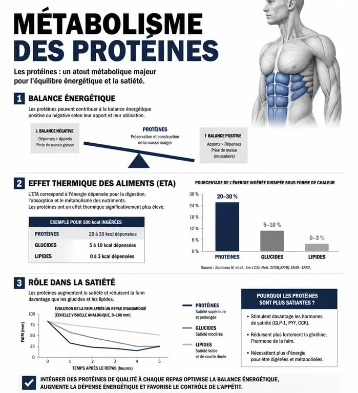 Infographie expliquant pourquoi les protéines ne font pas grossir et leur rôle dans la satiété et la balance énergétique