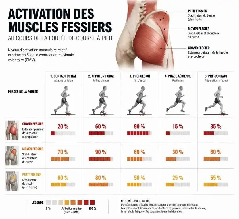 Infographie montrant l'activation des muscles fessiers lors de la course à pied pour muscler ses fessiers