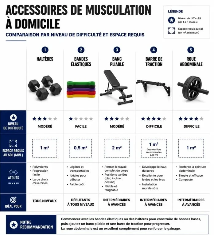 Infographie comparative des meilleurs accessoires de musculation maison pour optimiser son entraînement