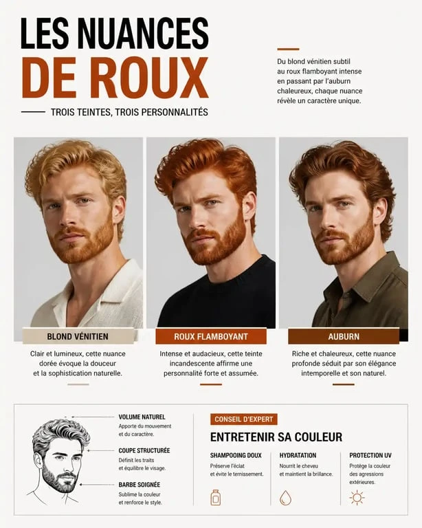 Hommes aux cheveux roux et barbes stylées présentant différentes nuances de roux