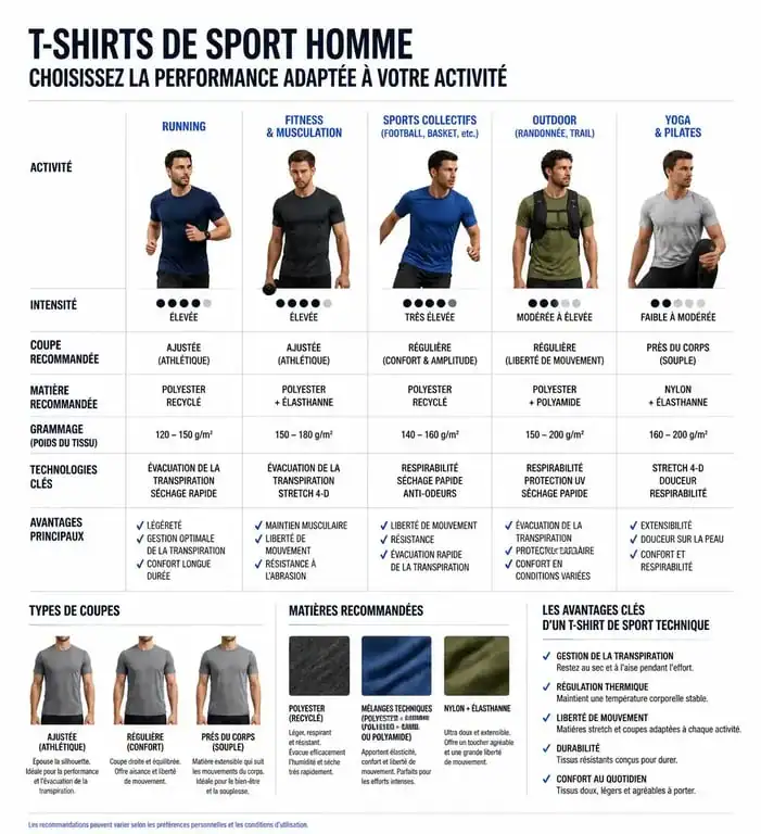 Infographie comparative des t-shirts de sport homme par activité et matière