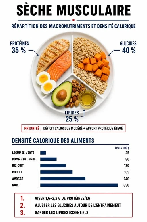 Infographie sur les aliments pour une sèche et la répartition des macronutriments