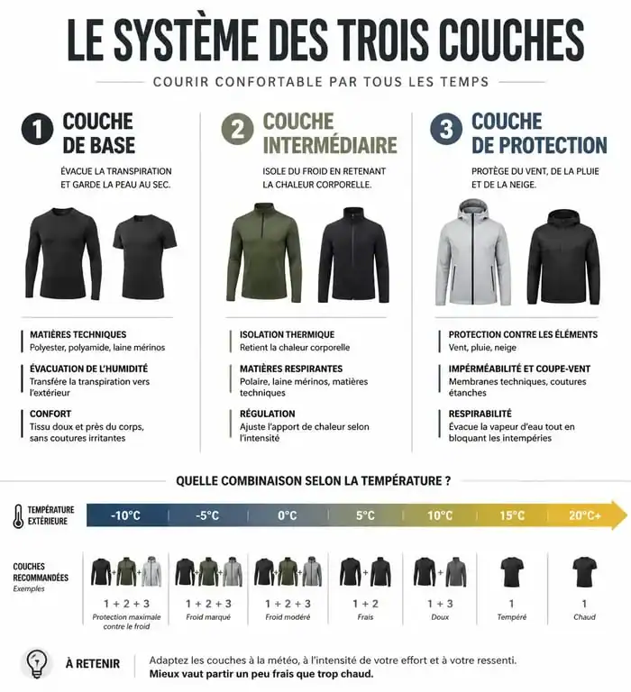 Infographie explicative du système des trois couches pour une tenue running homme adaptée à toutes les conditions météo.