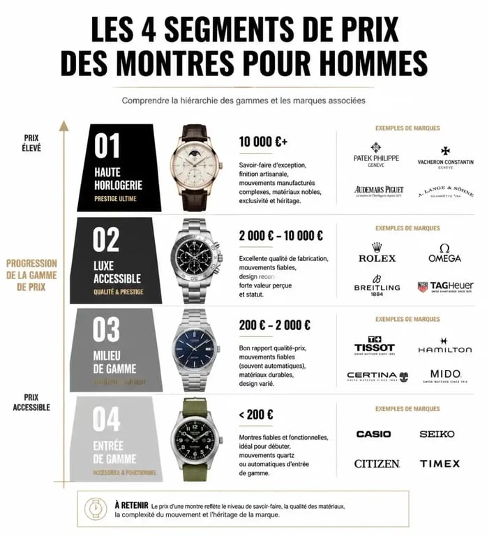 Infographie des segments de prix et marques pour choisir une belle montre homme