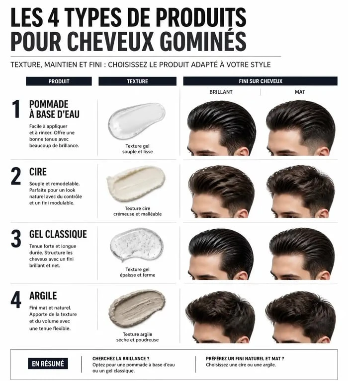 Infographie comparative des produits pour cheveux gominés : pommade, cire, gel et argile selon le fini souhaité.