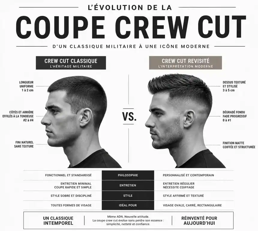 Exemple de coupe crew cut revisité avec dégradé moderne et texture sur le dessus