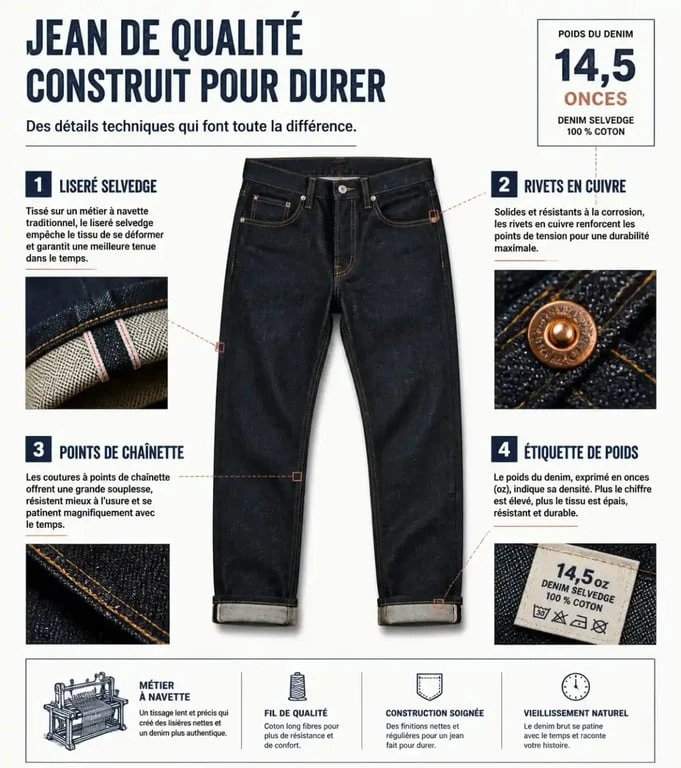 Infographie montrant les détails techniques d'une marque de jeans de haute qualité