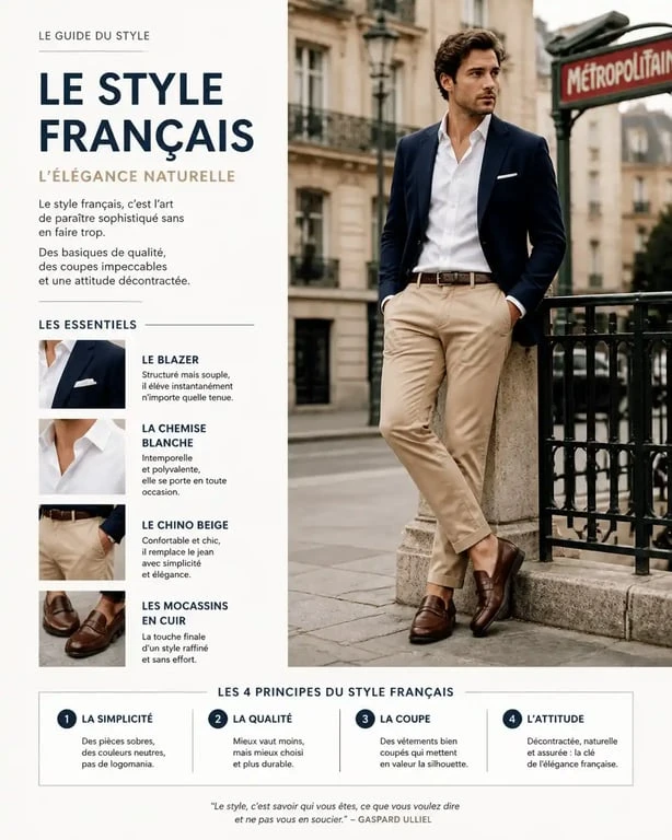 Homme portant un look BCBG élégant avec blazer bleu marine et chino beige