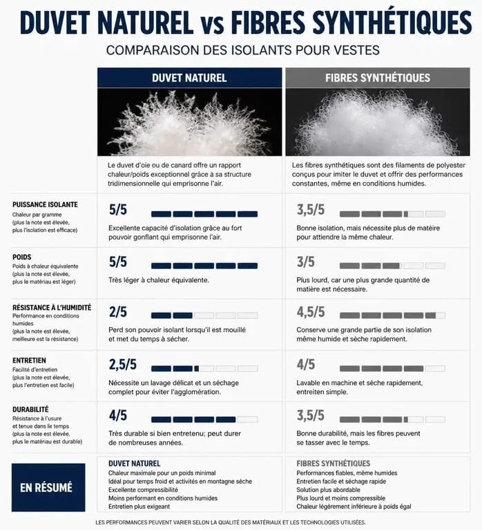 Comparatif des caractéristiques entre duvet naturel et fibres synthétiques pour une doudoune fine pour homme