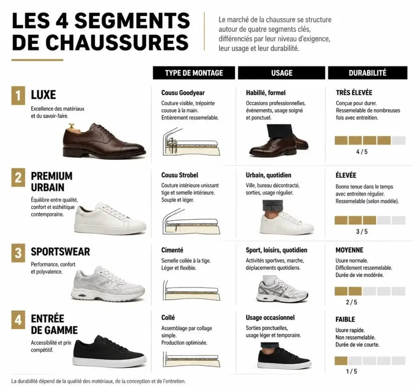 Infographie comparative des segments de marques de chaussures : Luxe, Premium, Sportswear et Entrée de gamme.