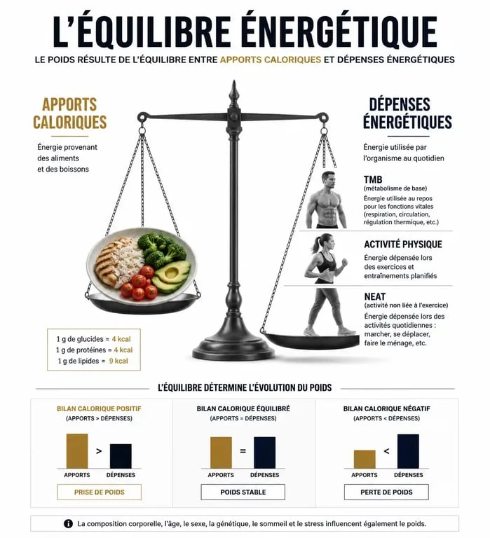 Schéma explicatif du fonctionnement du déficit calorique et de la balance énergétique pour la perte de poids