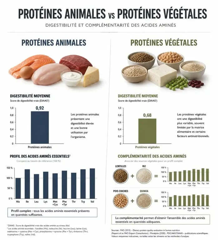 Infographie comparative des protéines végétales ou animales : digestibilité et profil nutritionnel