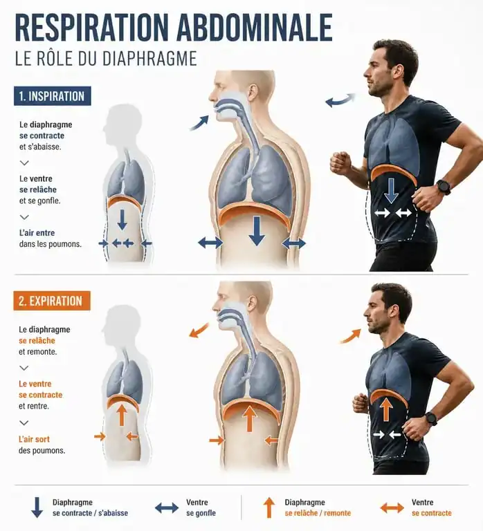 Schéma explicatif de la respiration abdominale pour bien respirer en courant