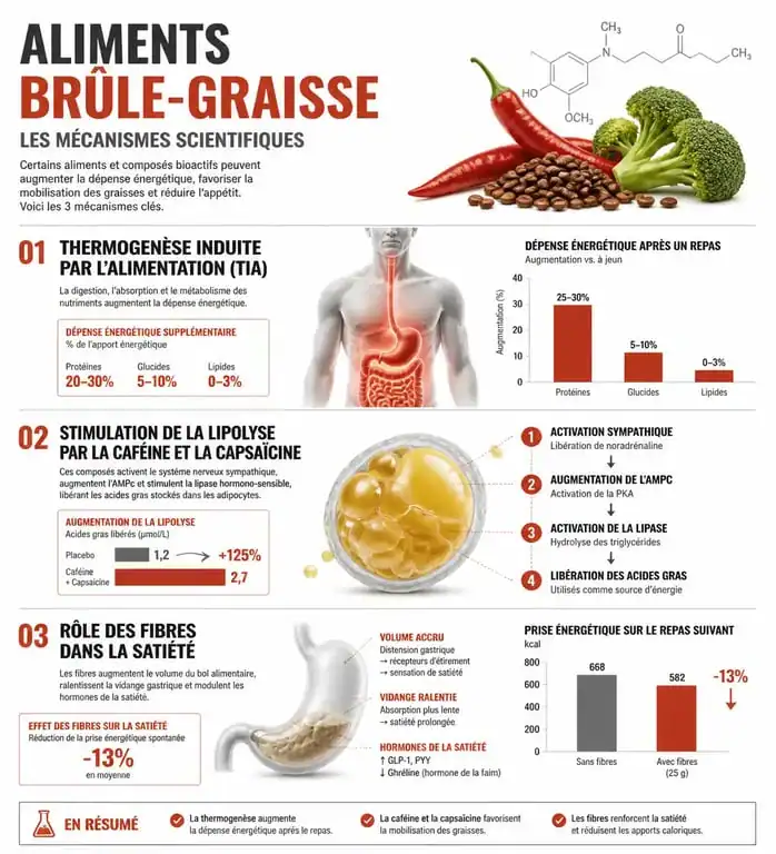 Infographie explicative sur les mécanismes biologiques des aliments brûle-graisse pour la perte de poids